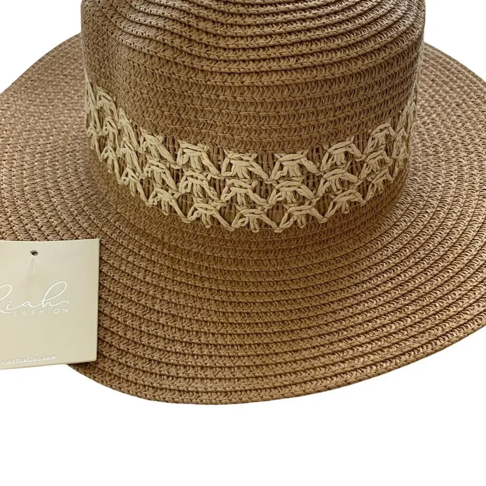 Riah Fashion Panama Weave Brim Brown Beach Vacation Festival Straw Hat